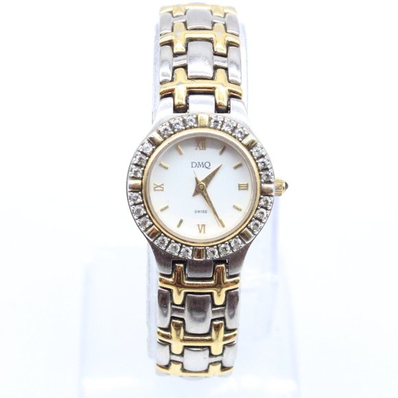 DMQ Swiss Watch Womens Two Tone Stainless Steel Classic Rhinestones Dial Quartz - Picture 2 of 8